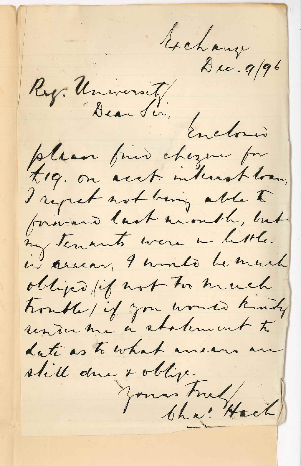 Charles Hack - Forwarding interest on loan