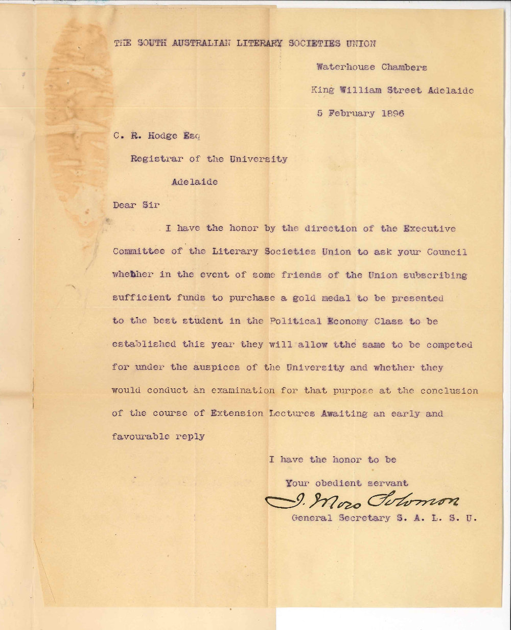 Judah Moss Solomon - General Secretary - Literary Societies Union Adelaide - Re gold medal and examination in Political Economy