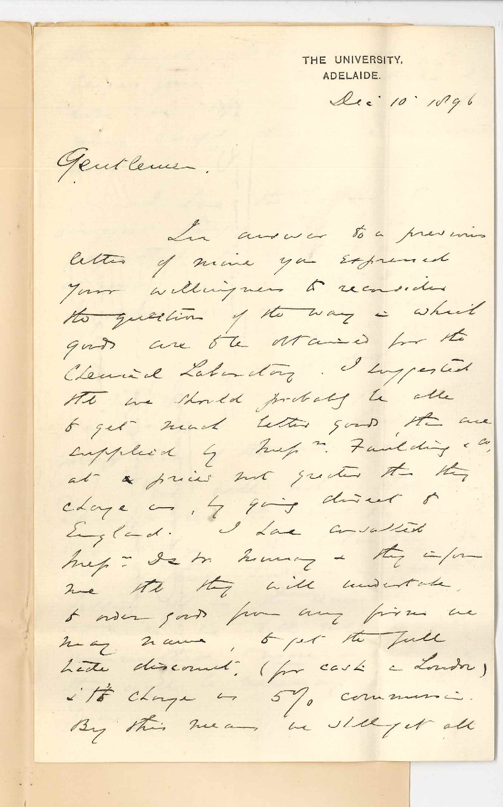 Professor Edward Henry Rennie - Concerning purchase of goods for Chemical Laboratory