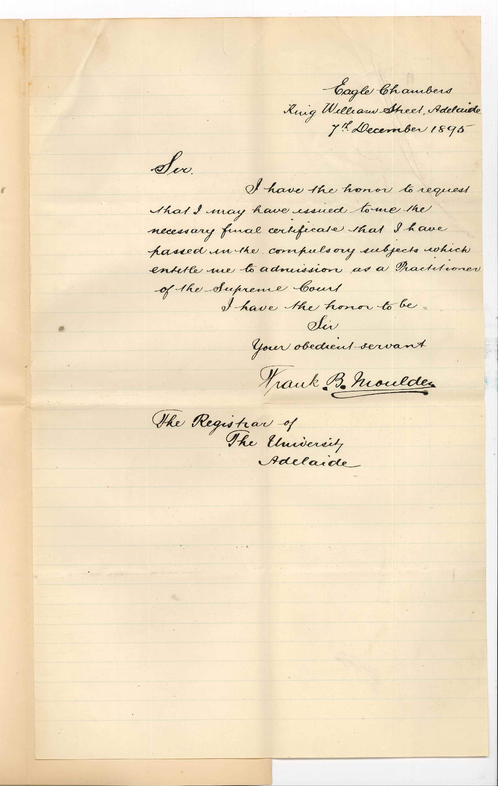 Frank B Moulden - Adelaide - Requesting Certificate
