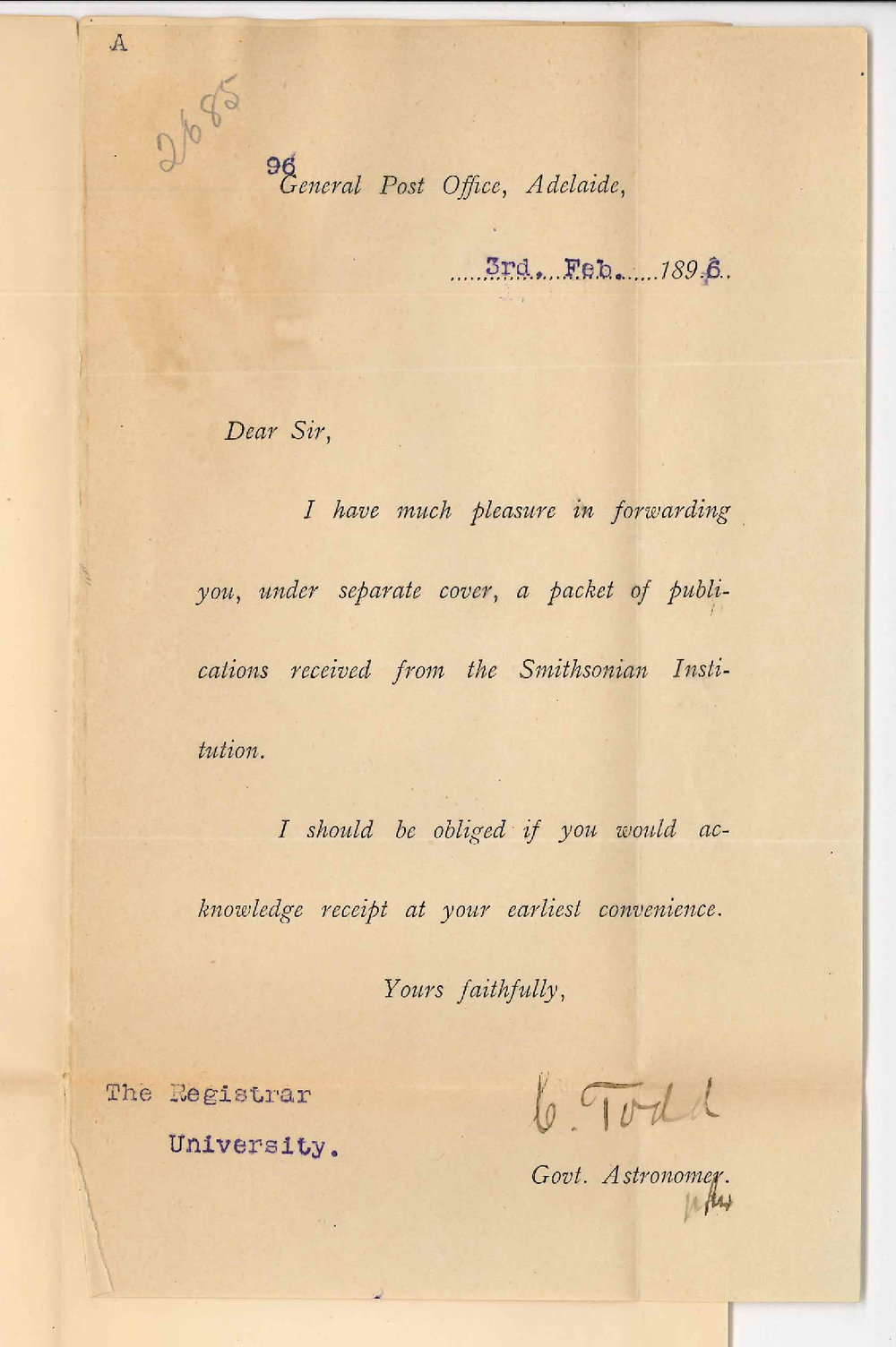 Sir Charles Todd - Government Astronomer - Adelaide - Forwarding package from Smithsonian Institution