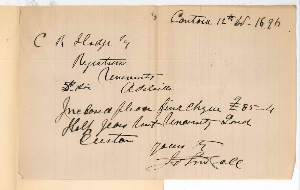 John Gall - Cantara - Sending cheque for half years rent