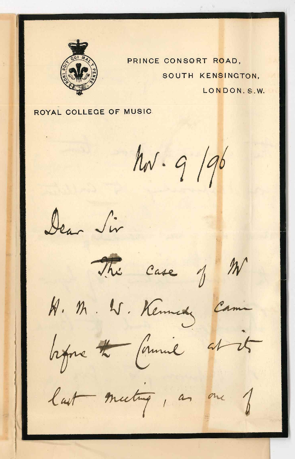 Charles Hubert Hastings Parry - Royal College of Music - London - Regarding Progress of Mr Henry M W Kennedy