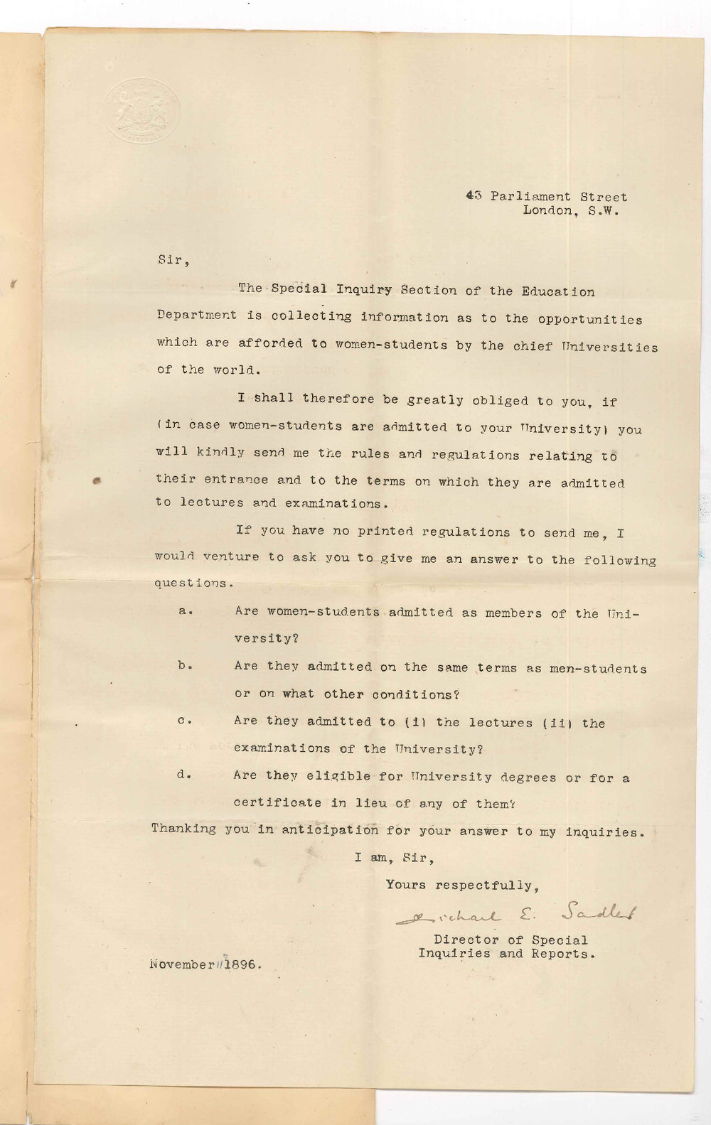 Richard E Sadler - Special Inquiry Section - Education Department - Opportunities afforded to women students