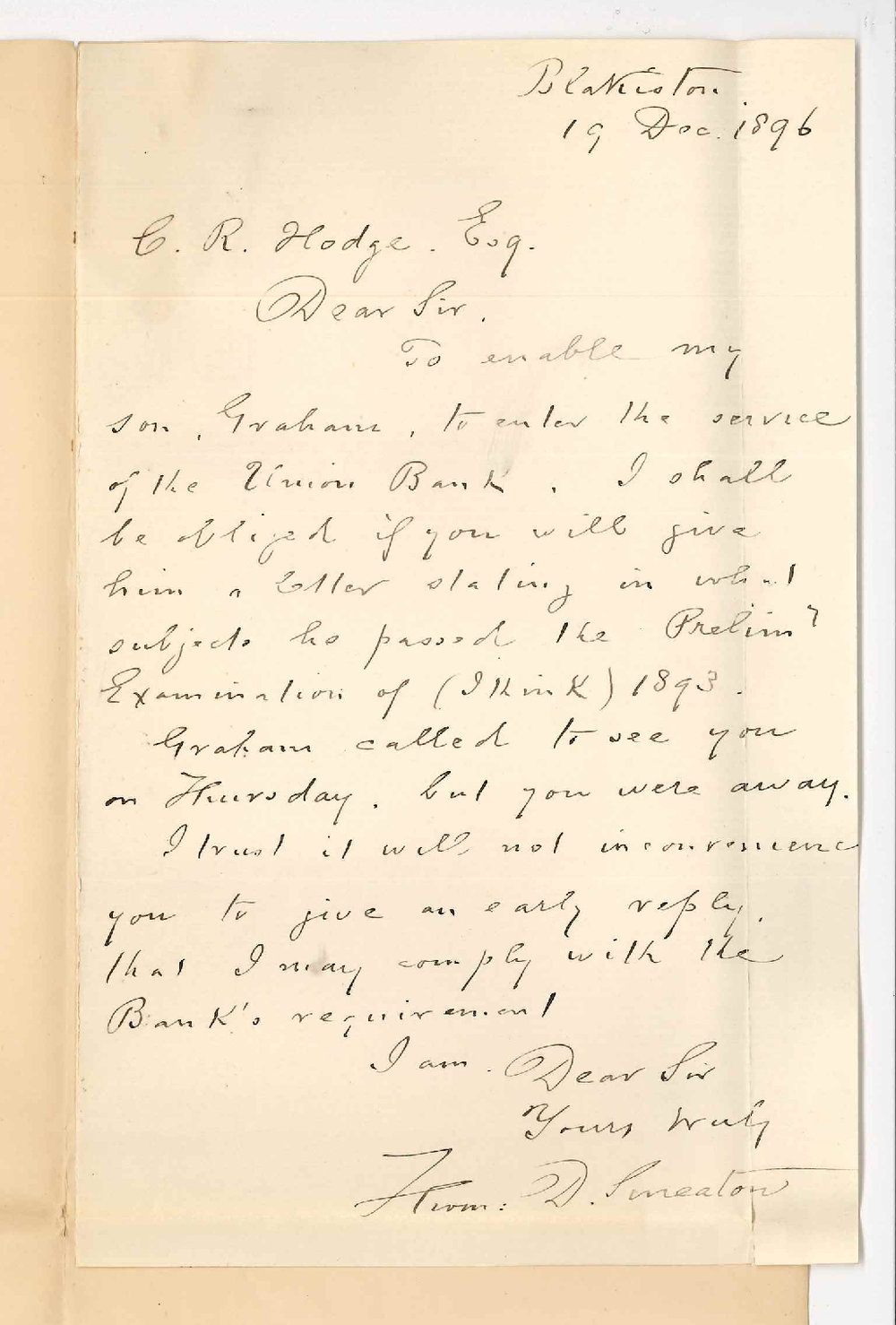 Thomas D Smeaton - Blackiston- Regarding Certificate for Son Graham