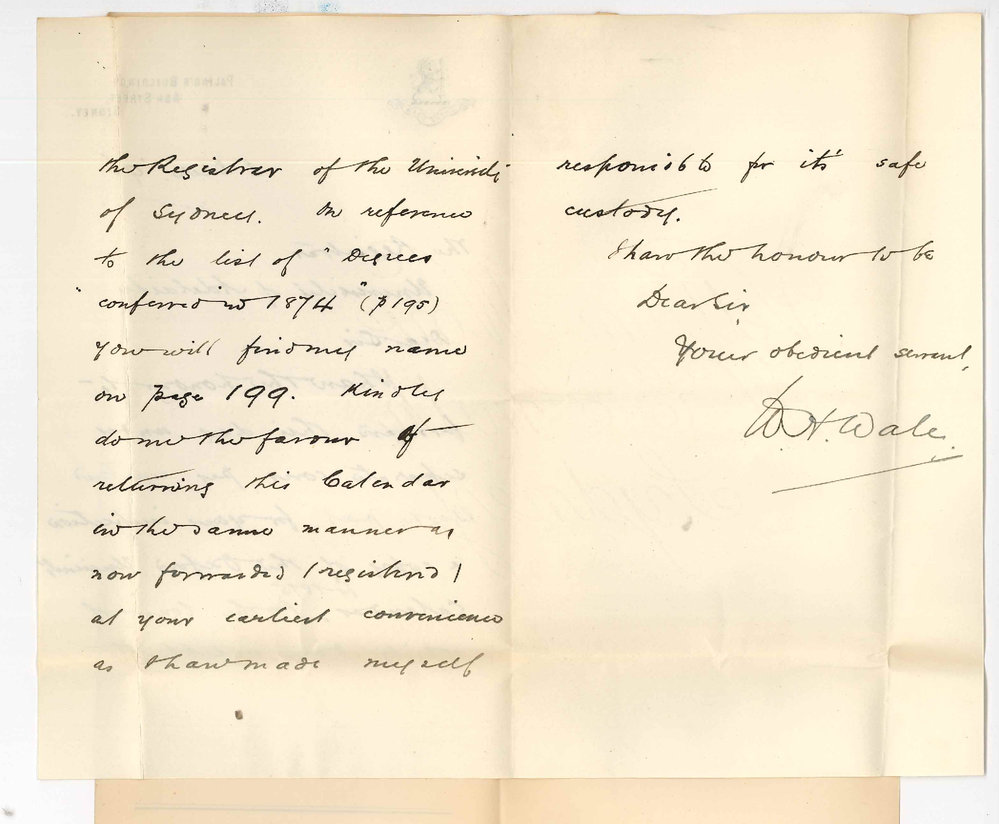 William Henry Wale - Sydney - Forwarding Calendar