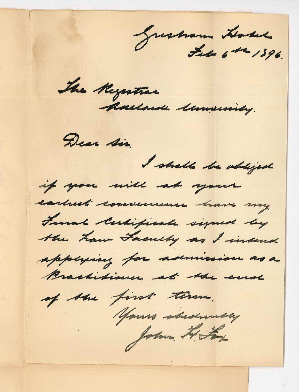 John H Fox - Gresham Hotel - Adelaide - Requests Final Law Certificate