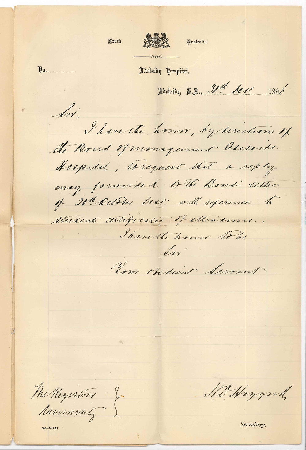 H D Haggard - Secretary - Adelaide Hospital - Asking for Reply to Letter of 20 October