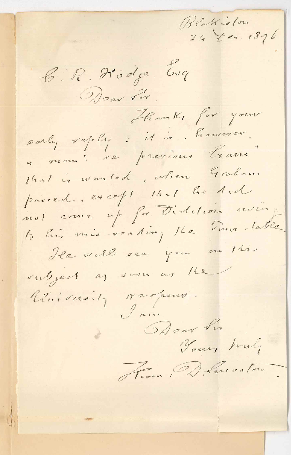 Thomas D Smeaton - Blakiston - Regarding son passing Preliminary Exams