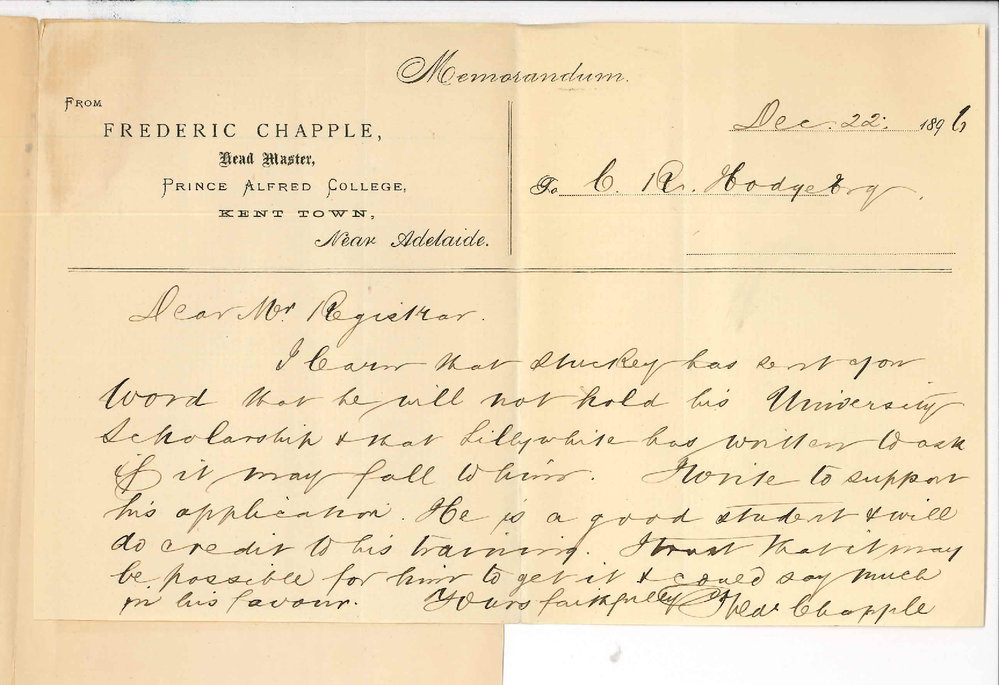 Frederic Chapple - Prince Alfred College - Kent Town - Regarding University Scholarship gained by Stuckey