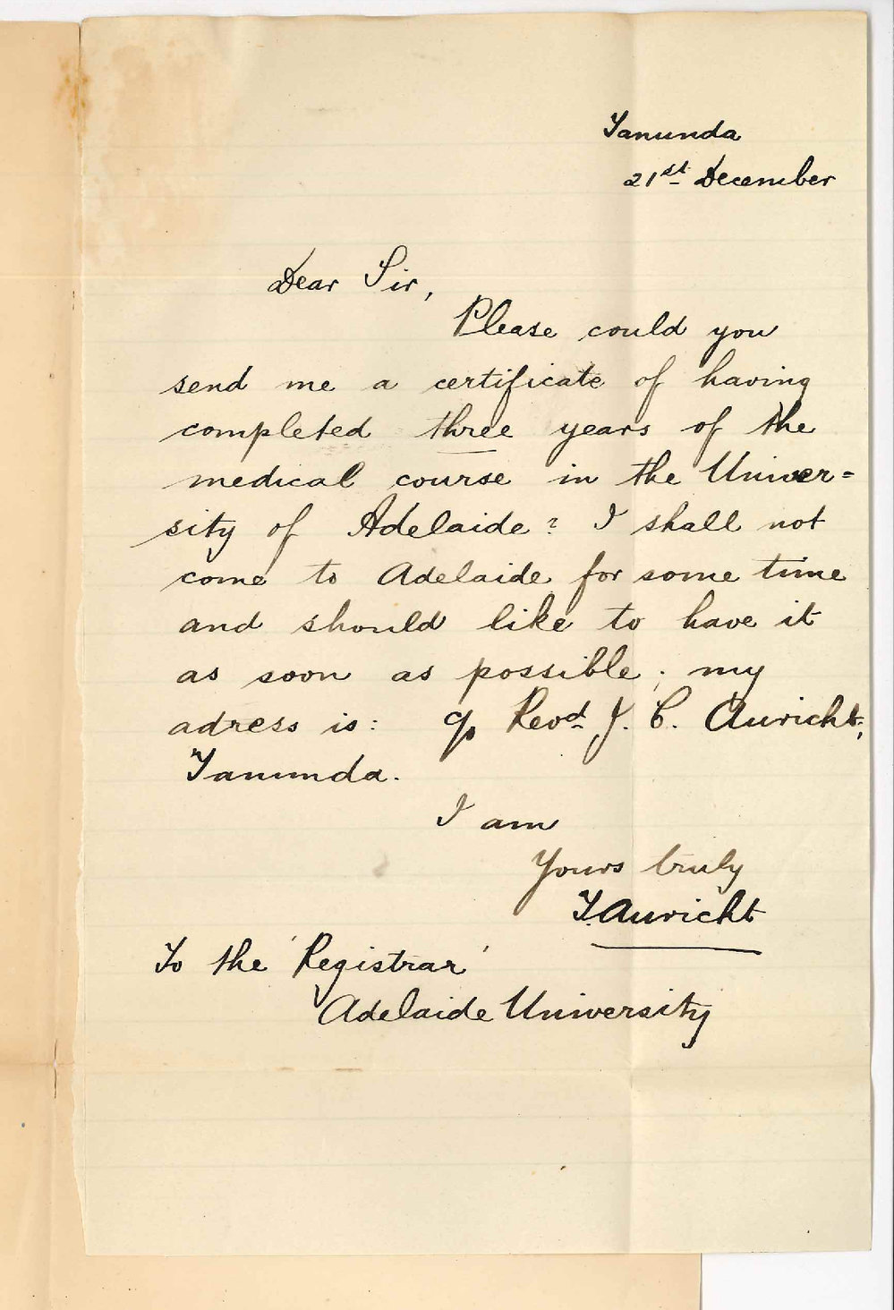 T Auricht - Tanunda - Regarding Certificates for MB Course