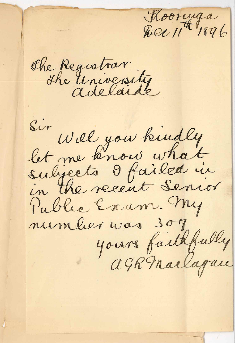 A G R Maclagan - Kooringa - Senior Public Examination