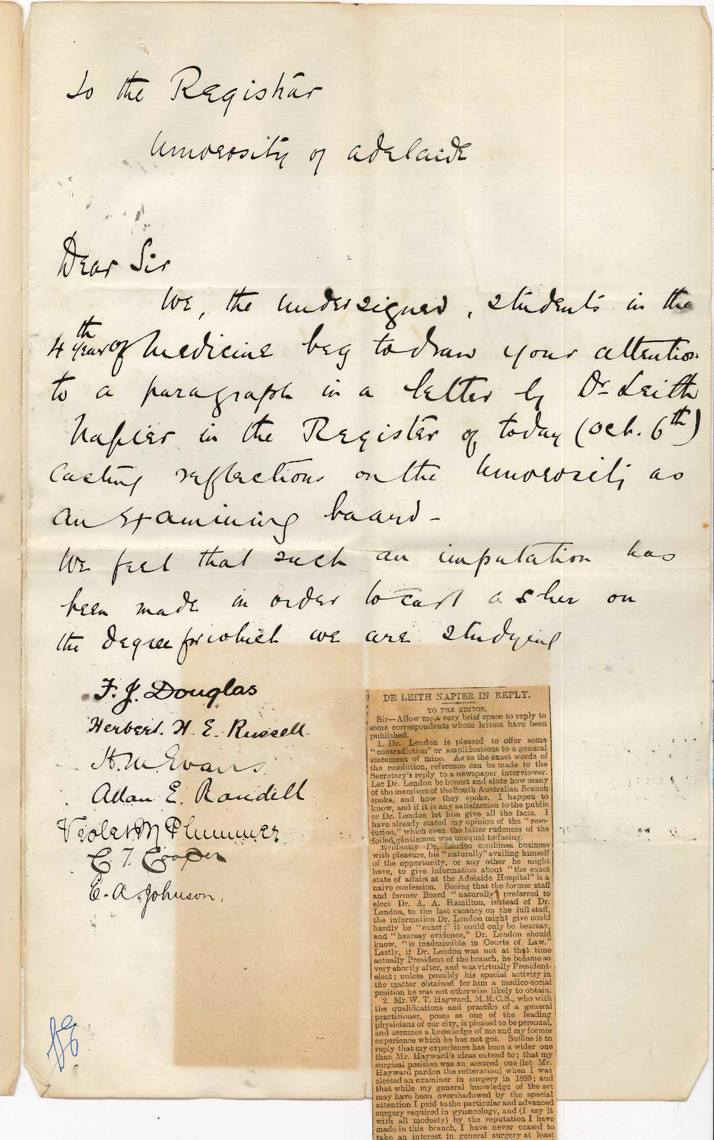 Medical Students 4th Year - University - Calling attention to letter by Dr Leith Napier in Register of Todays date casting reflection on University as an Examining Board
