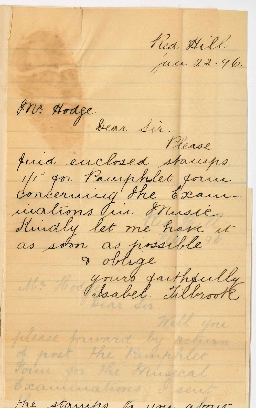 Miss Isabel Tilbrook - Red Hill - Asks for Music pamphlet