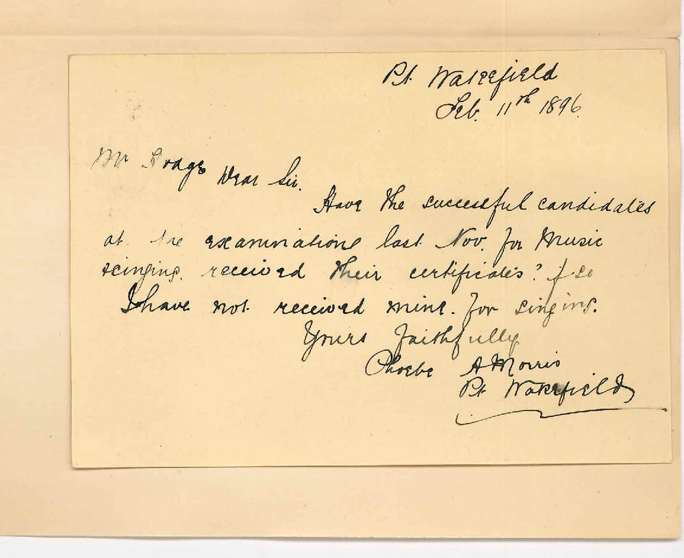 Miss Phoebe A Morris - Port Wakefield - Requests Music Certificate