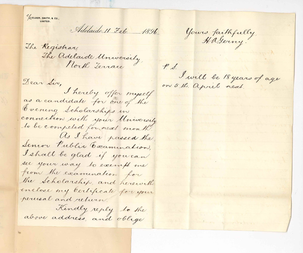 Hermann Albert Gerney - c/o Elder Smith and Company - Adelaide - Application for Evening Scholarship