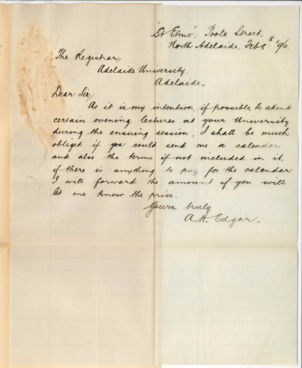 A H Edgar - Poole Street North Adelaide - Asks for Information Regarding Evening Classes