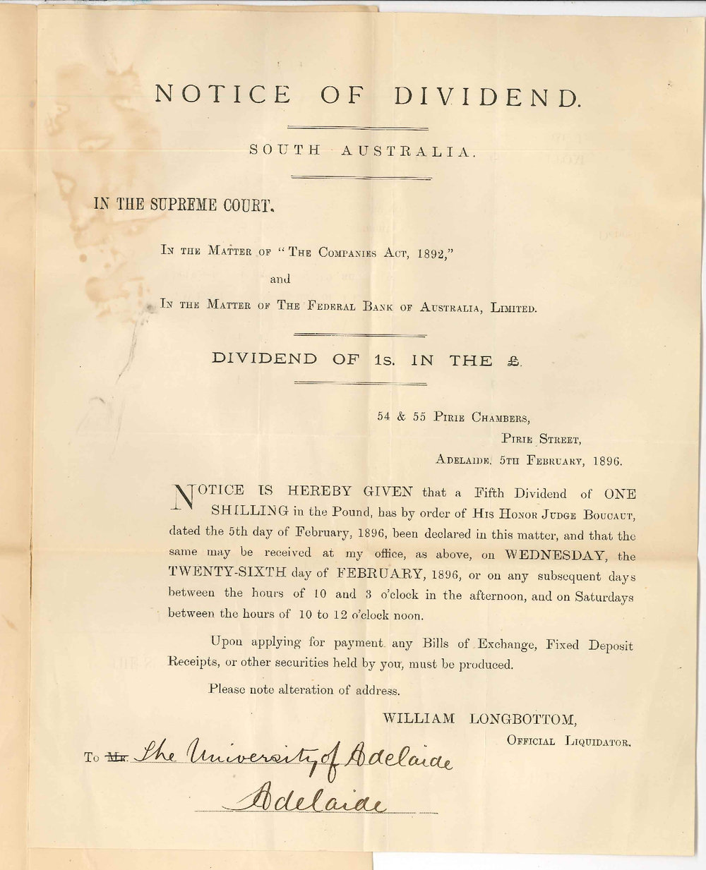 Federal Bank in liquidation - Adelaide - Notice of dividend of one shilling in &pound;1