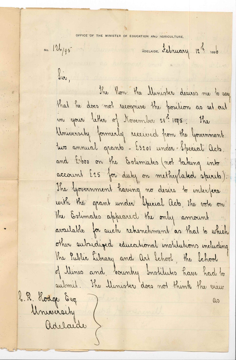 Secretary to the Minister of Education - Adelaide - Re Medical Grant &pound;300 granted for 1896