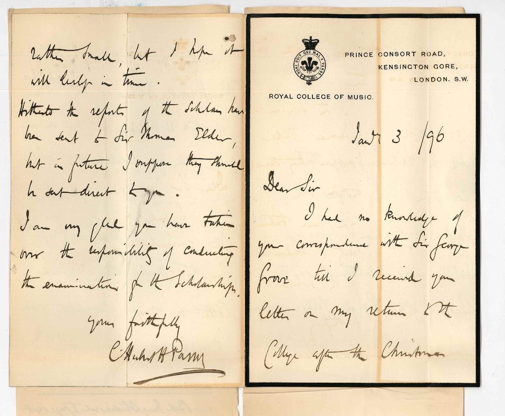 Dr Hubert Parry - Director - Royal College of Music - Kensington Gore London SW - Re Elder Scholarship in Music etc