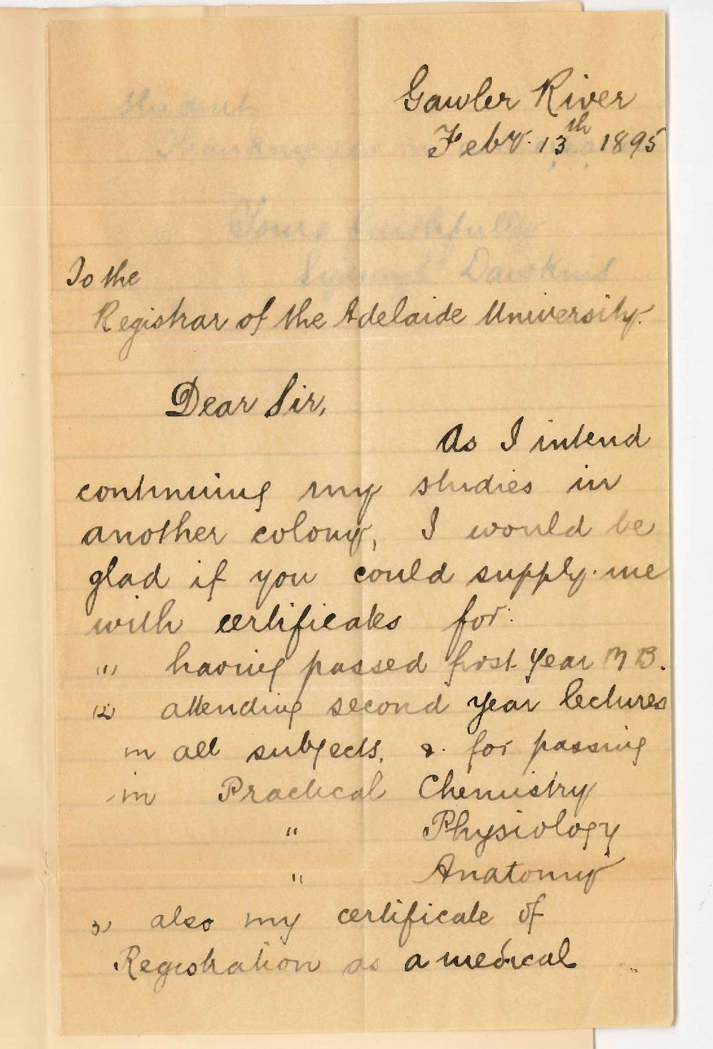 Sydney L Dawkins - Gawler River - Asking for Certificates for First and Second Year MB