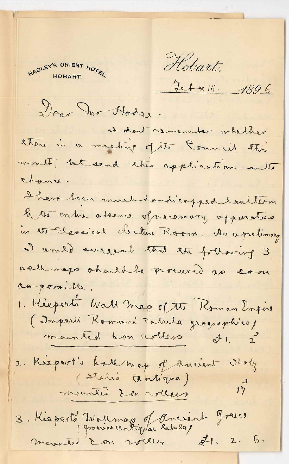 Professor Edward von Blomberg Bensley - Hobart Tasmania - Requesting Wall maps for Classical lectures