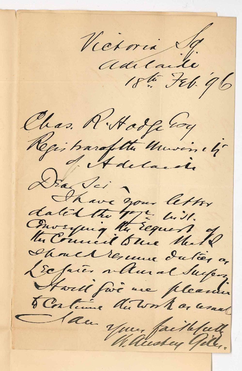 Dr William Anstey Giles - Victoria Square Adelaide - Resuming lectureship