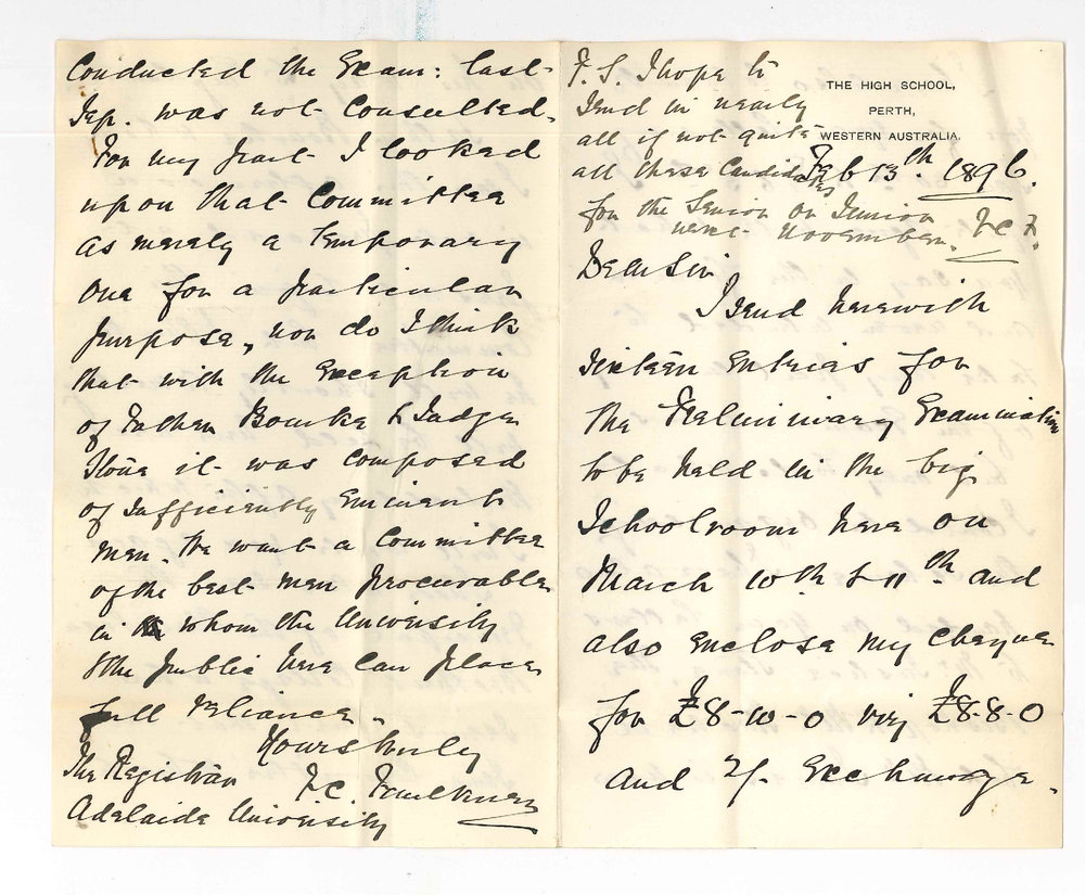 F C Faulkner - High School Perth - 16 entries for Preliminary Exam and re Local Committee