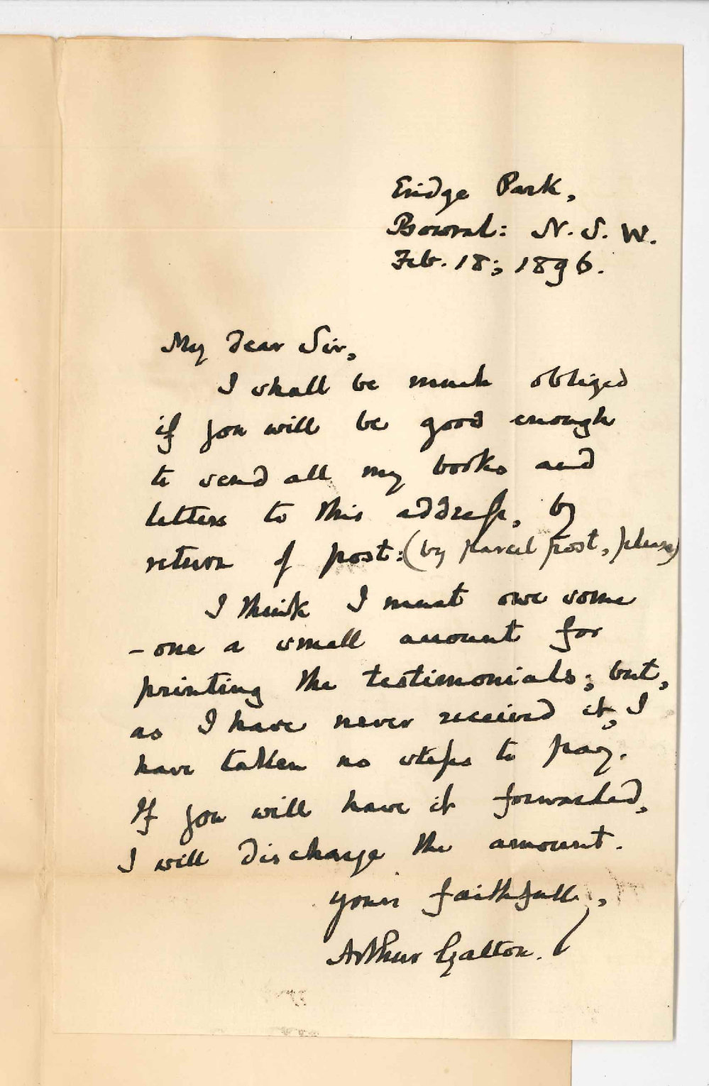 Arthur Galton - Eridge Park Bowral N S W - Re copies of testimonials