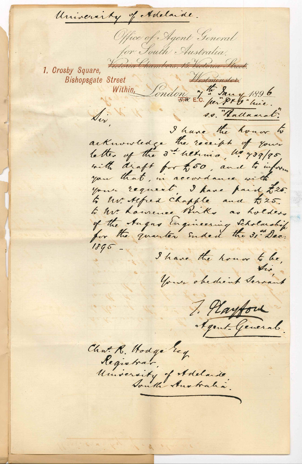 Thomas Playford - Office of the Agent General for South Australia - 1 Crosby Square Bishopsgate Street Within London - Received draft &pound;50
