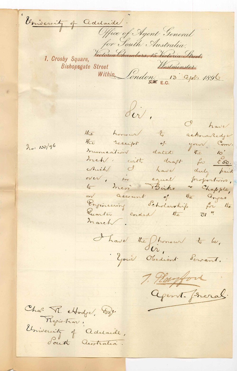 Thomas Playford - Office of the Agent General for South Australia - 1 Crosby Square Bishopsgate Street Within London - Received draft of &pound;50