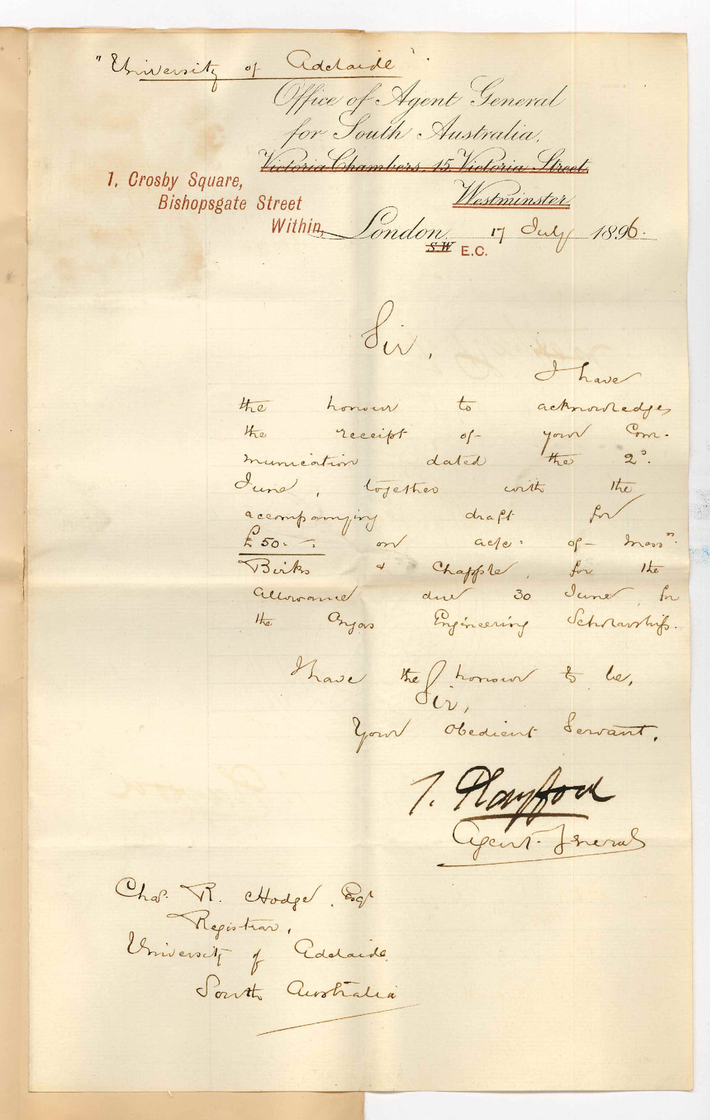 Thomas Playford - Office of the Agent General for South Australia - London - Acknowledging receipt of communication and Draft