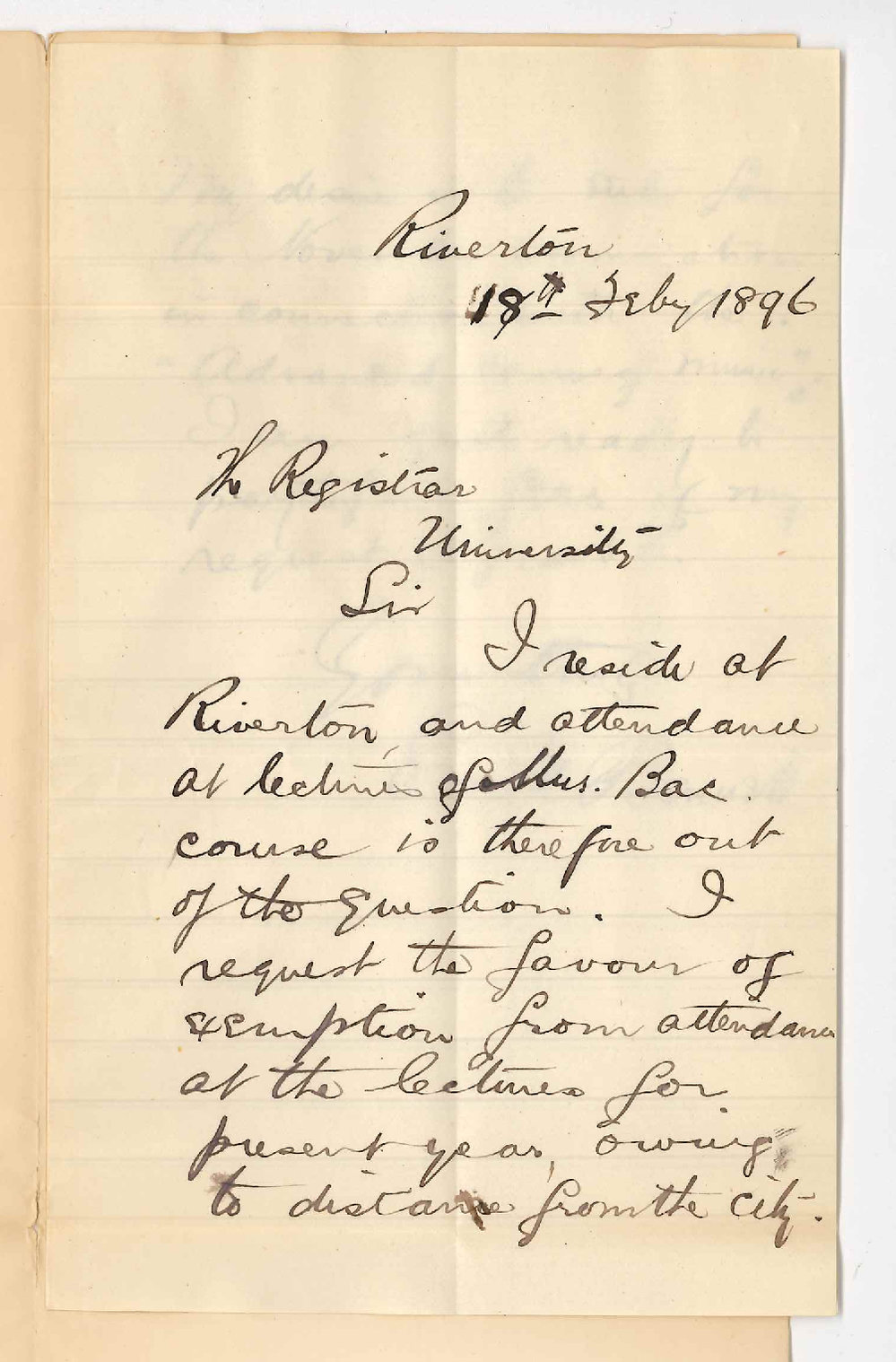 E M Bennett - Riverton - Exemption from lectures of the advanced Course in Music