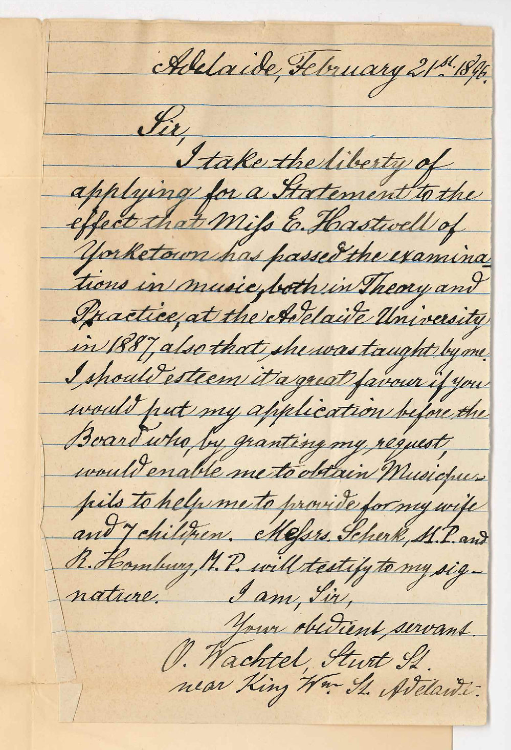 O Wachtel - Sturt Street Adelaide - Asking for statement that Miss E Hastwell passed exams in Music under his tuition