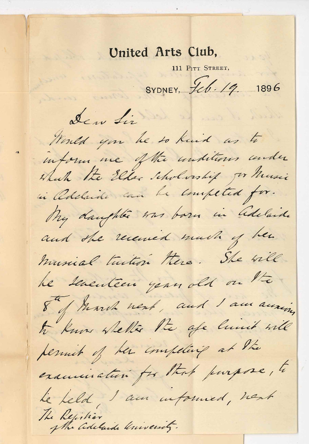 George Chamier - Member of the Institution of Civil Engineers - United Arts Club - Pitt Street Sydney - Information re Elder Scholarship in Music