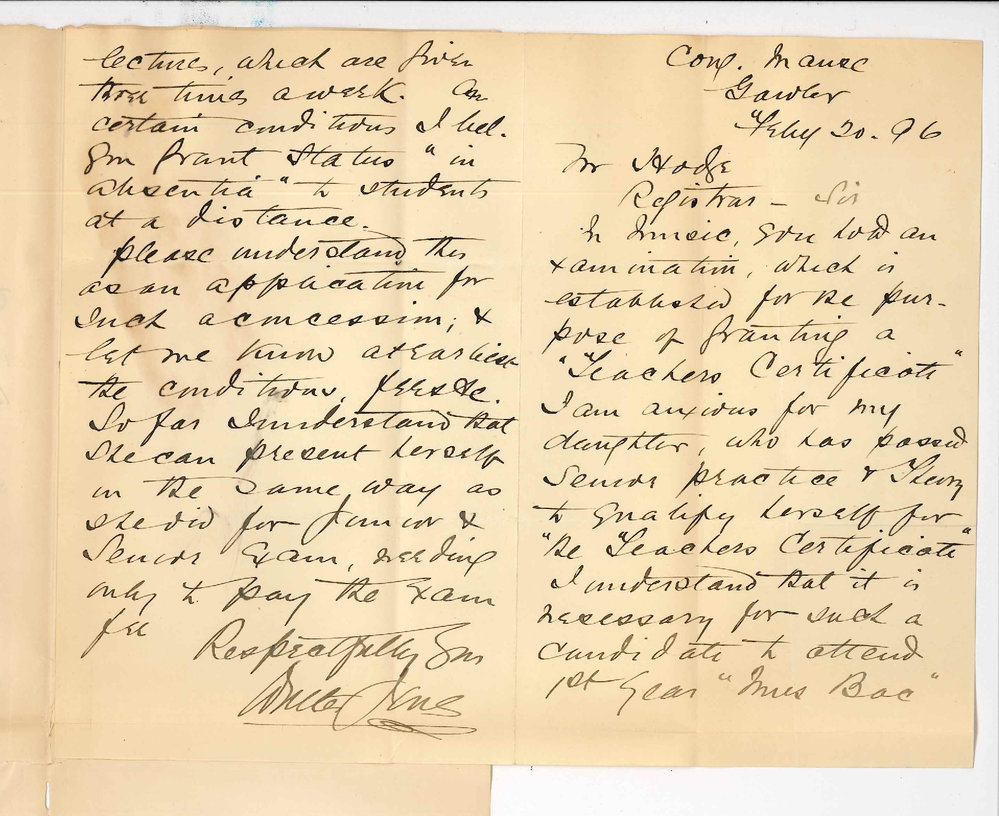 Reverend Walker Jones - Congregational Manse - Gawler - Application that daughter may enter for Advanced Course without attendance on lectures