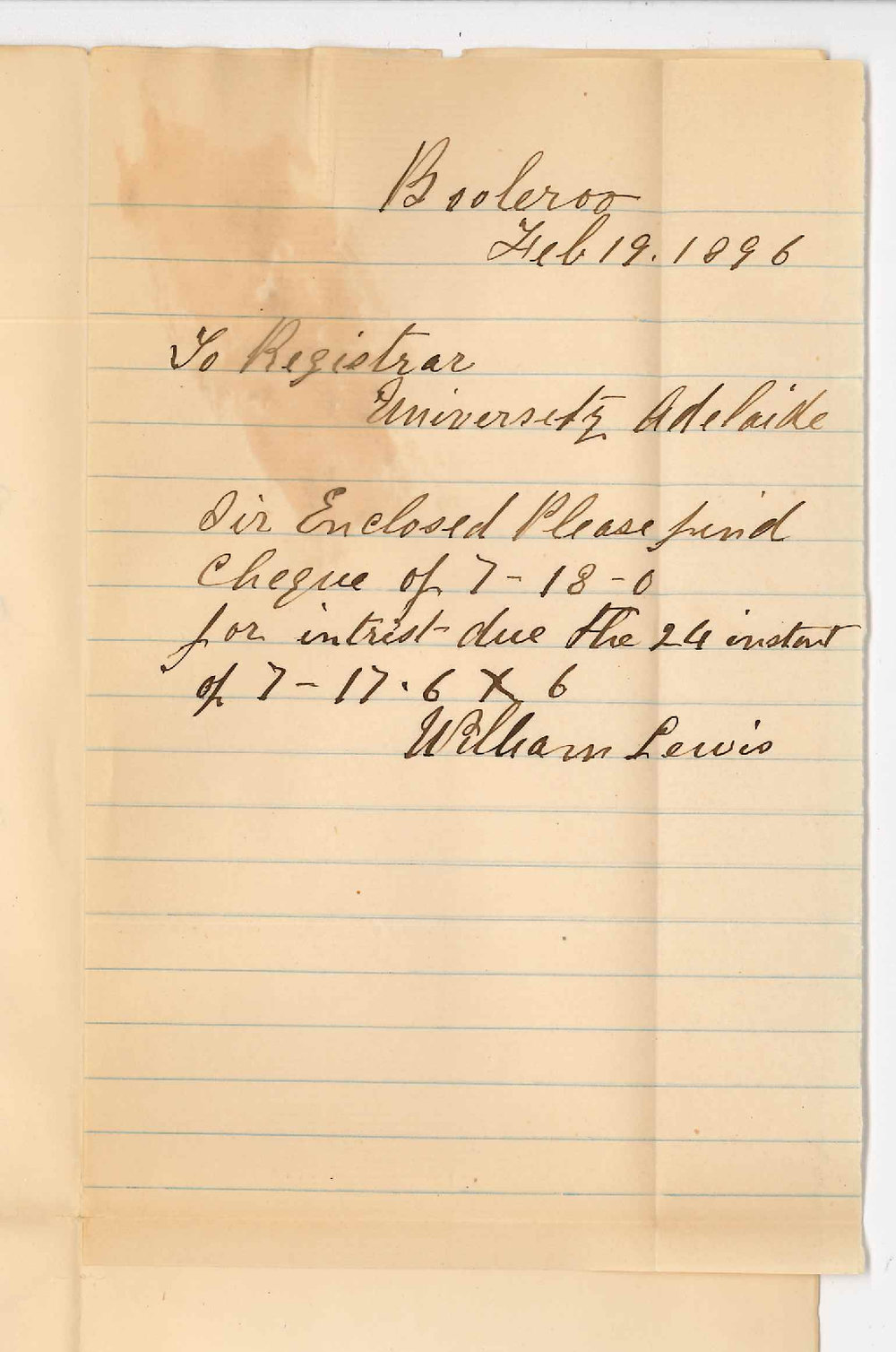 William Lewis - Booleroo - Payment interest due 24 February 1896