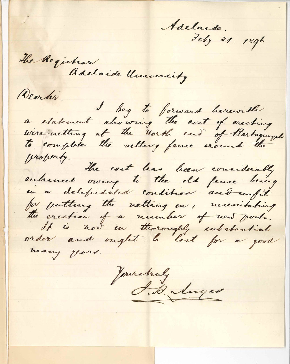 J H Angas - Currie Street Adelaide - Erection of wire net fencing Bartagunia