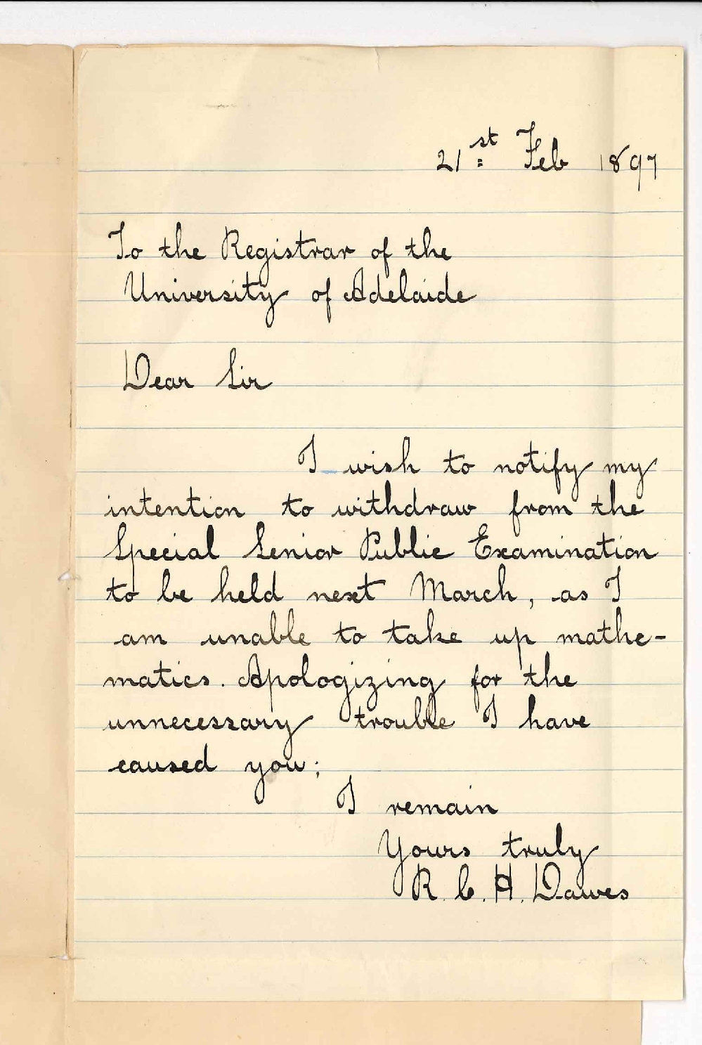 R C H Dawes - Gawler - Withdrawing entry for Special Senior Public