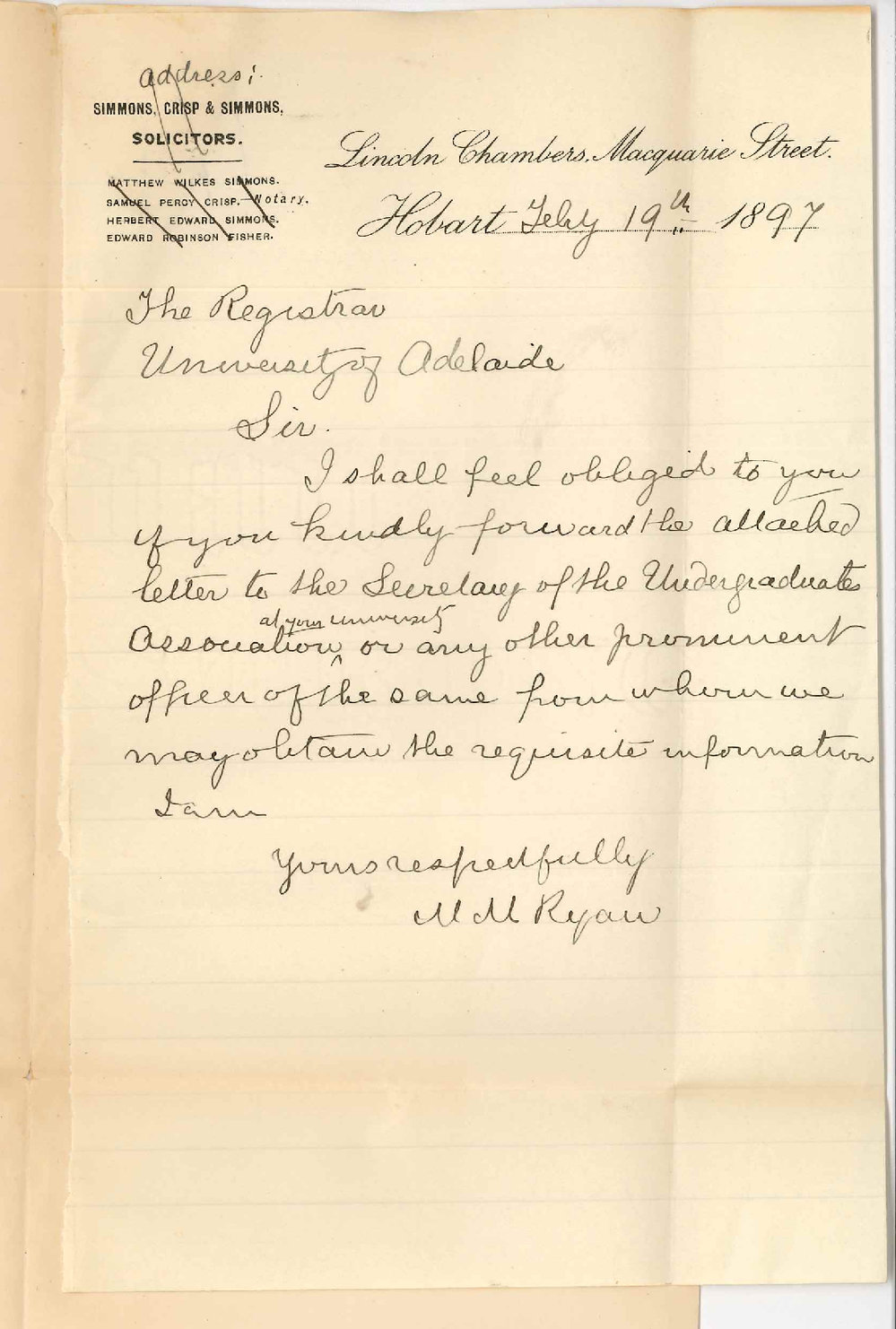 M M Ryan - Hobart - Enclosing letter for Secretary of Students Society
