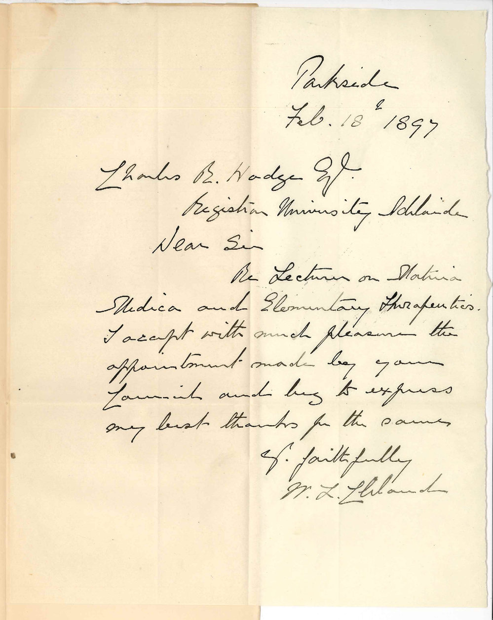 William Lennox Cleland MB - Parkside - Accepting position as Lecturer