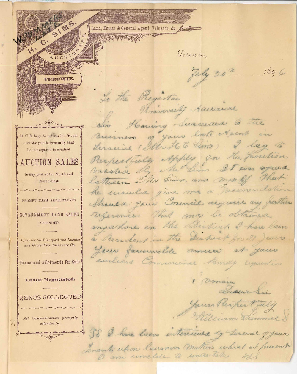 William Summers - Terowie - Asking to be appointed successor to H C Sims agent