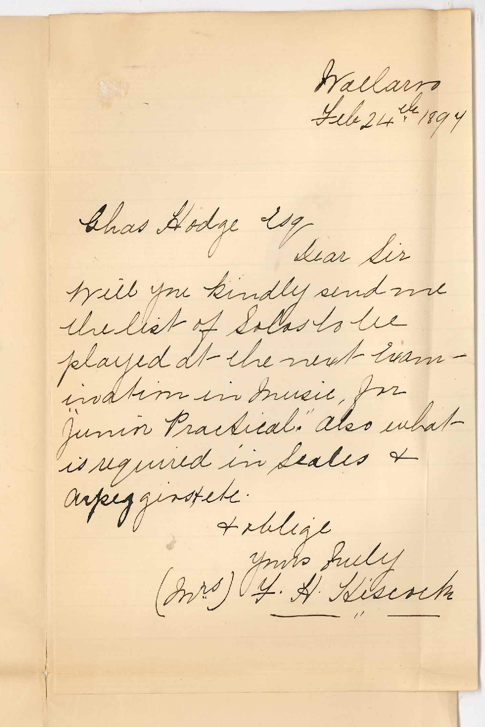 Mrs F H Hiscock - Wallaroo - Particulars for Music Examinations