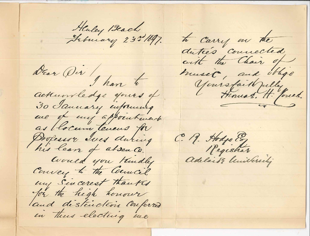 Thomas H Jones Mus Bac - Henley Beach - Thanking Council for appointment