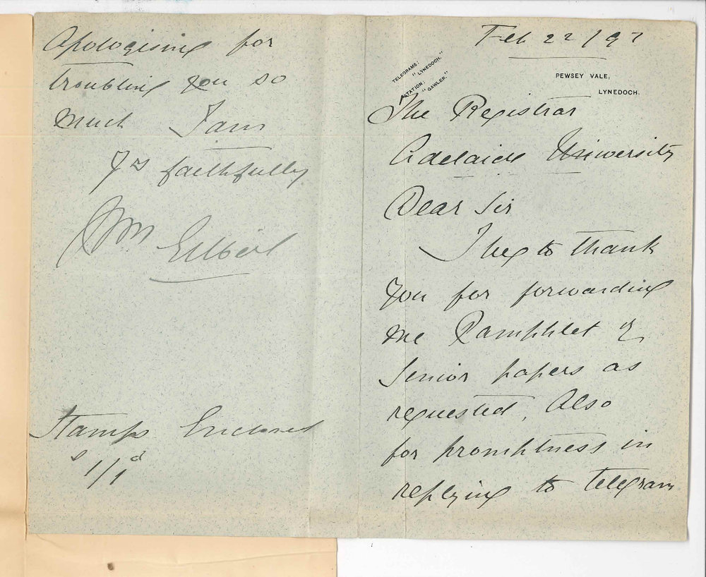 W Gilbert - Lynedoch - Thanks for Pamphlet