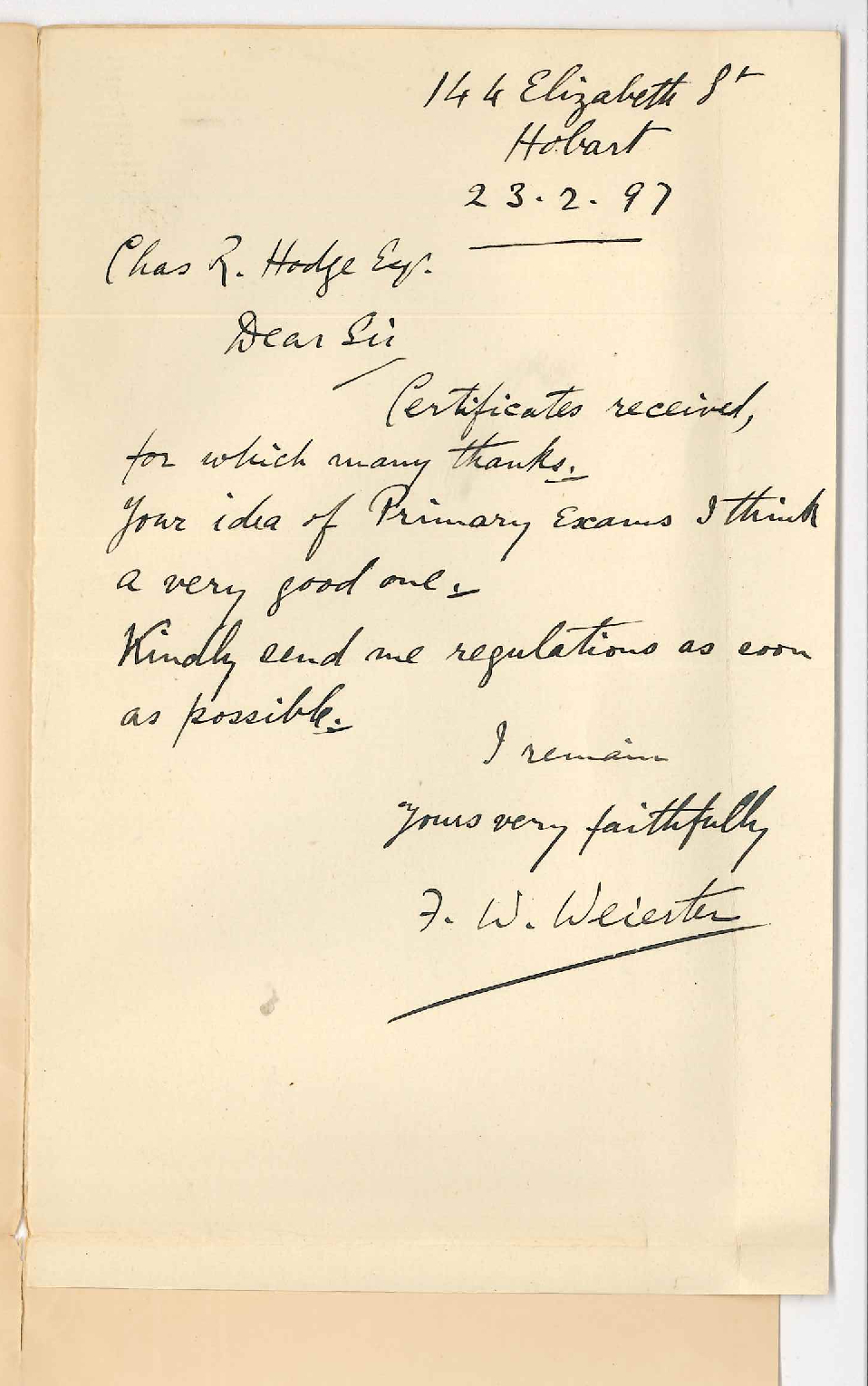 F W Weierter - Hobart - Re Music Examinations