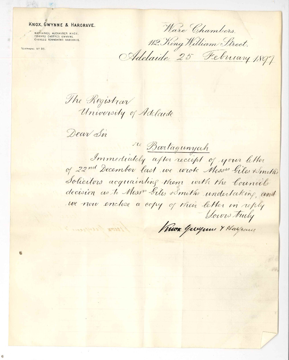 Messrs Knox Gwynne and Hargrave - Adelaide - Re Bartagunyah Lands and University Library Windows