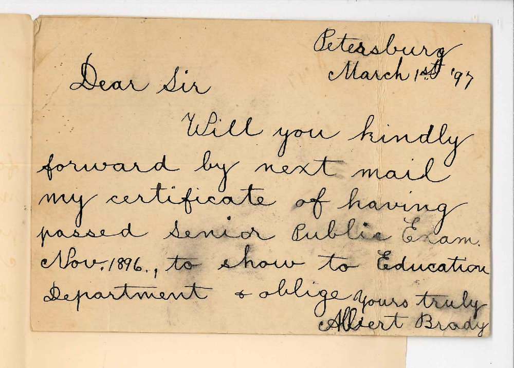 Albert Brady - Petersburg - Certificate of having passed Senior Public Examination