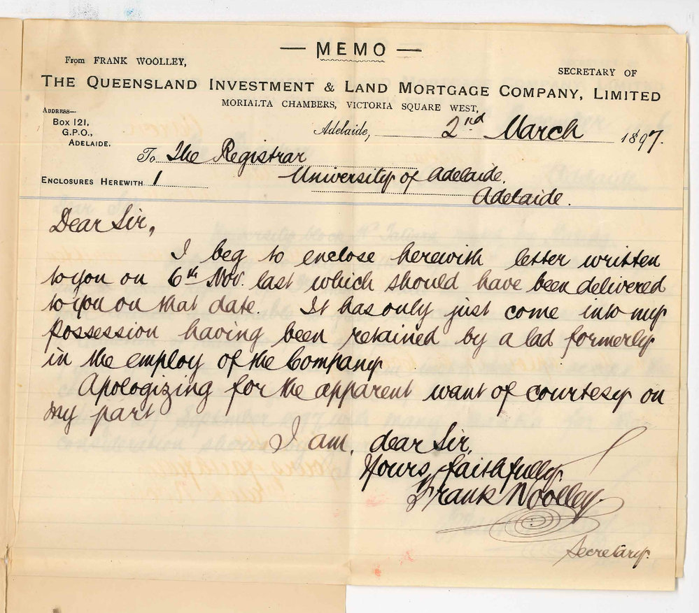 Frank Wooley - Enclosing letter re University Block - Hundred of Tatiara