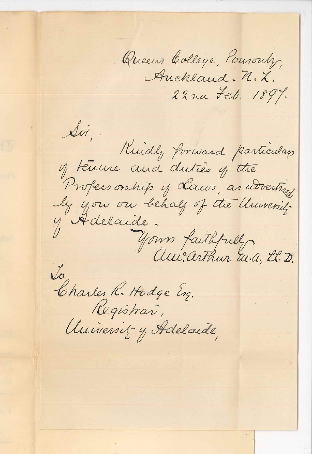 A McArthur MA LLD - Auckland - Particulars re Professorship of Laws